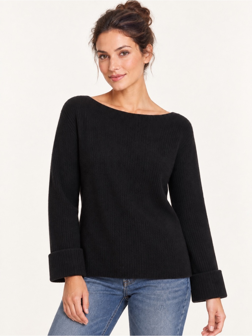 Saks Fifth Avenue $390 100% Cashmere Ribbed Wide Boat-Neck Sweater JG